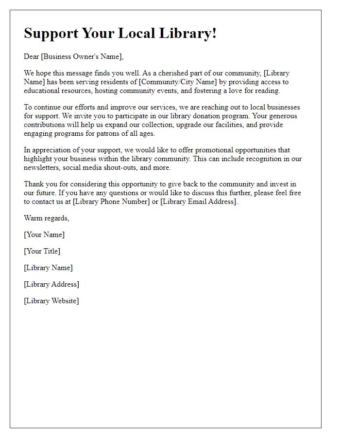 Letter template of library donation appeal to local businesses.