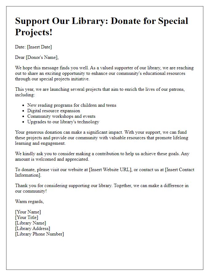 Letter template of library donation campaign for special projects.