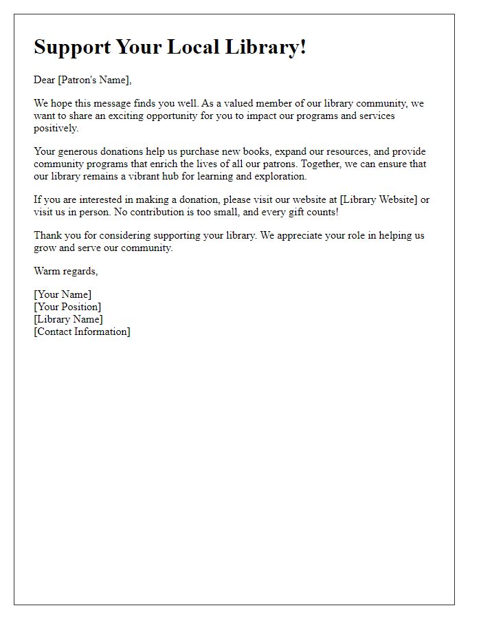 Letter template of library donation outreach to patrons.