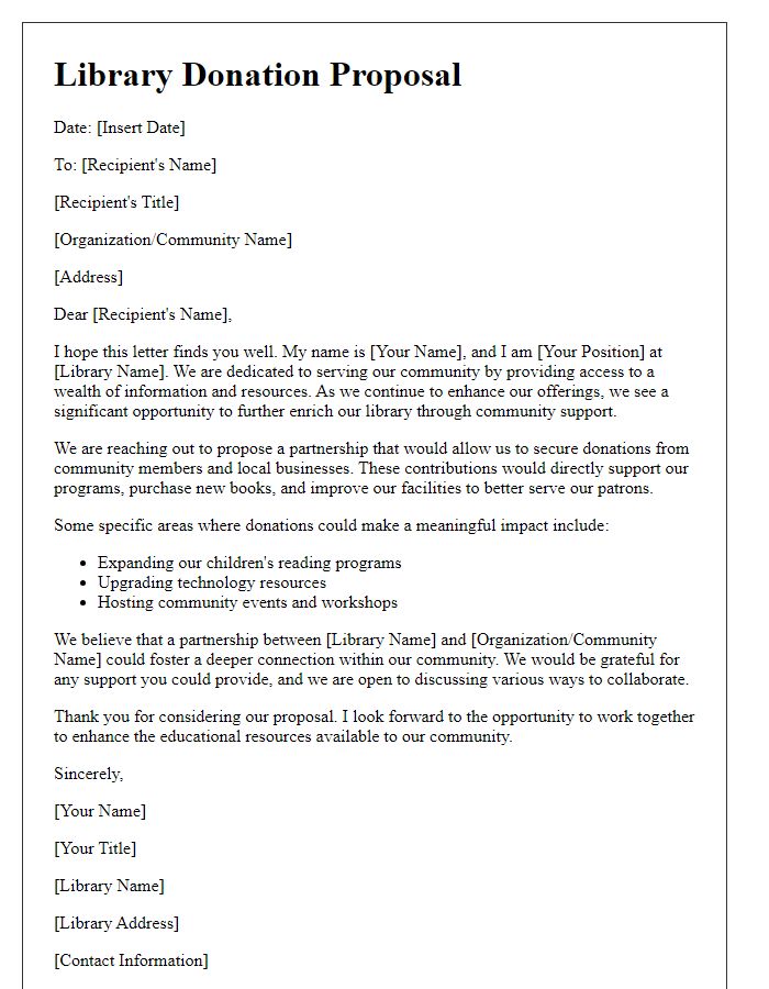 Letter template of library donation proposal for community support.