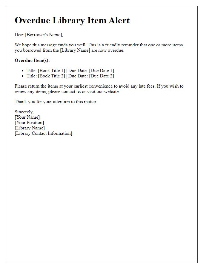 Letter template of overdue library item alert
