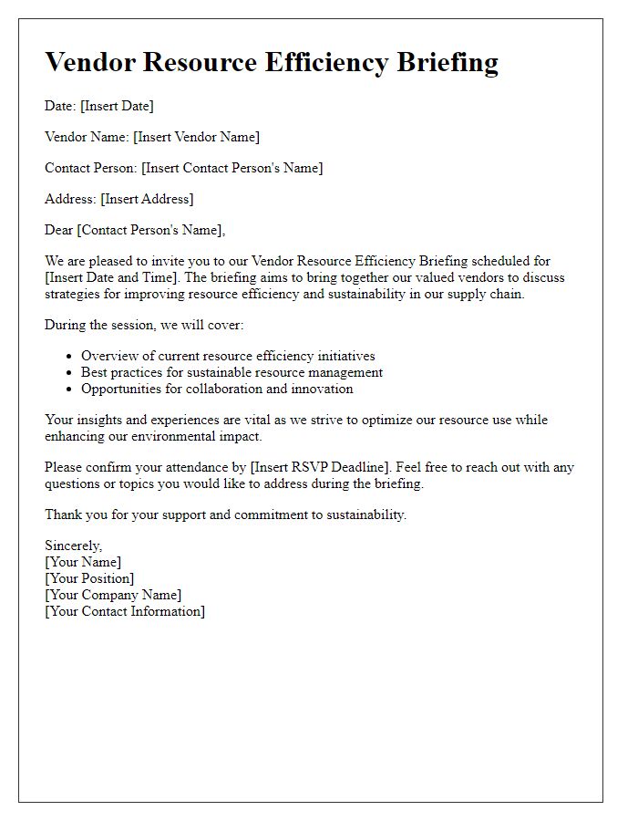 Letter template of vendor resource efficiency briefing