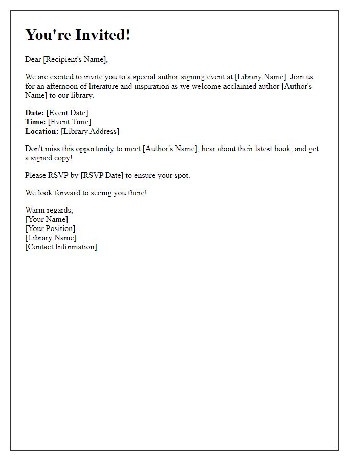 Letter template of library event invitation for author signing.