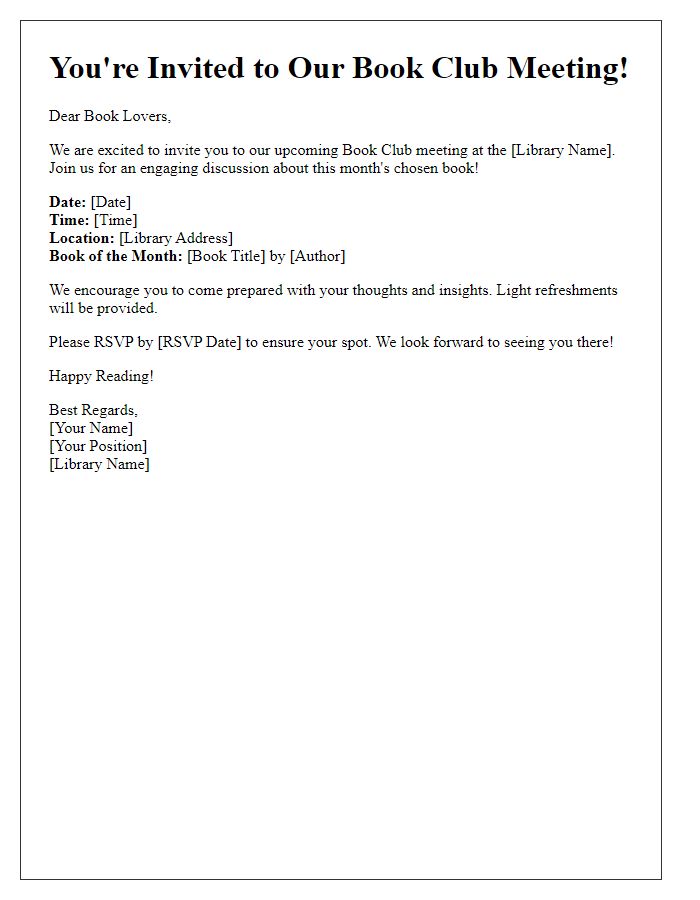 Letter template of library event invitation for book club meeting.