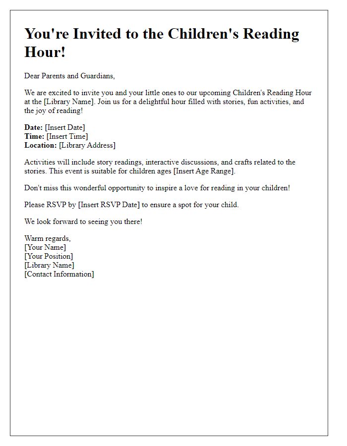 Letter template of library event invitation for children's reading hour.