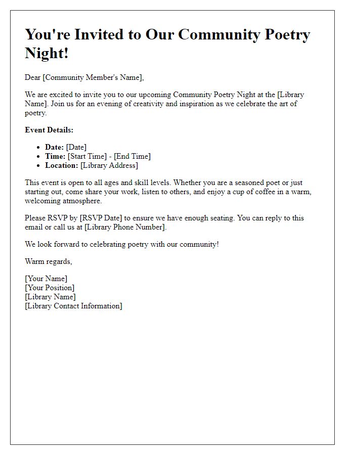 Letter template of library event invitation for community poetry night.