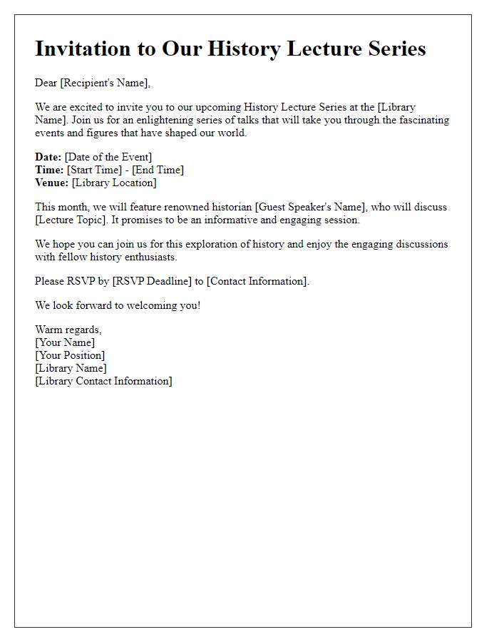 Letter template of library event invitation for history lecture series.