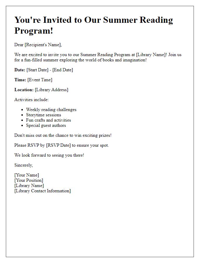 Letter template of library event invitation for summer reading program.