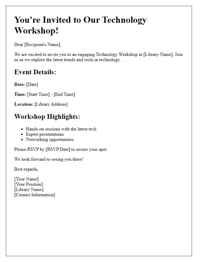 Letter template of library event invitation for technology workshop.