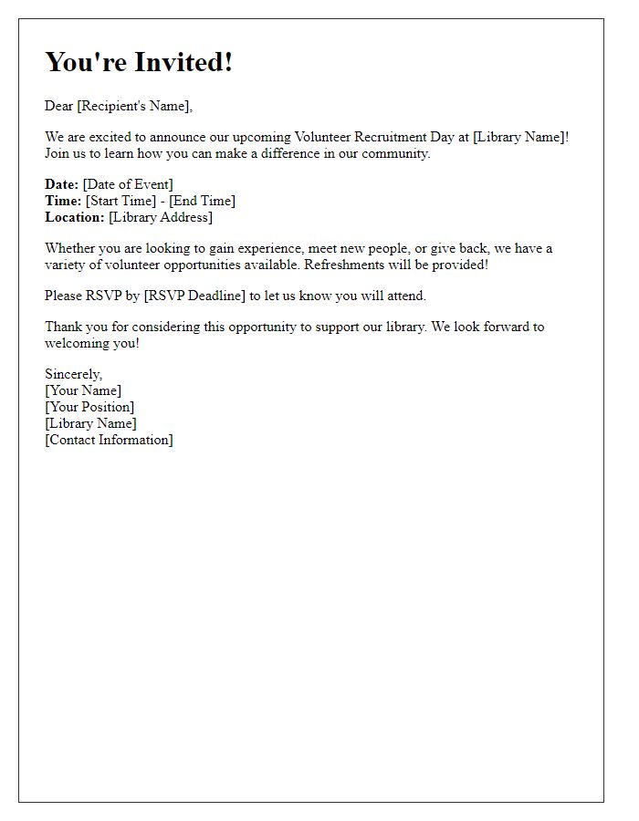 Letter template of library event invitation for volunteer recruitment day.