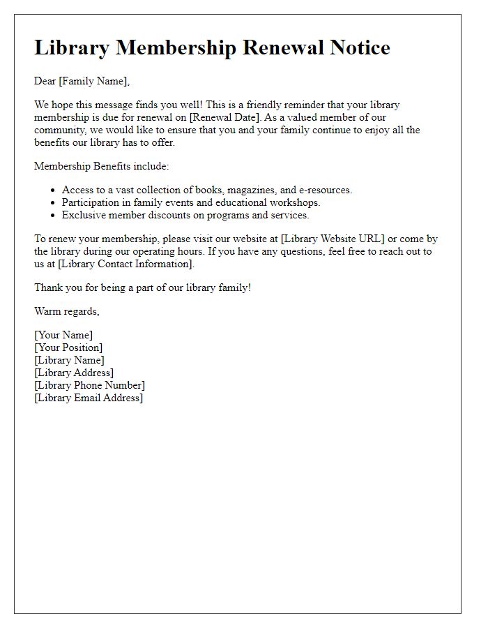 Letter template of library membership renewal for families