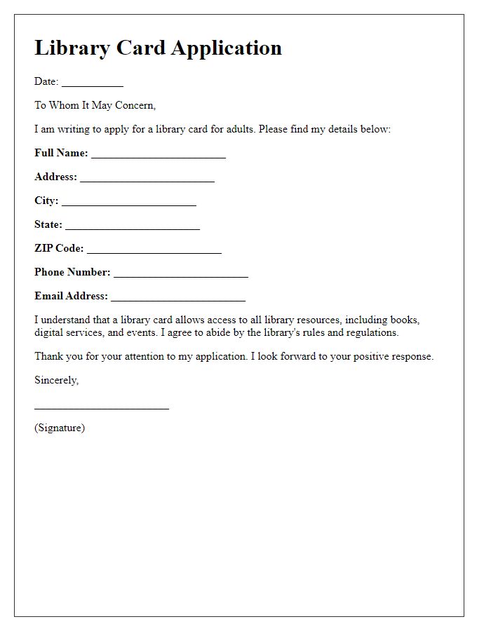 Letter template of library card application for adults