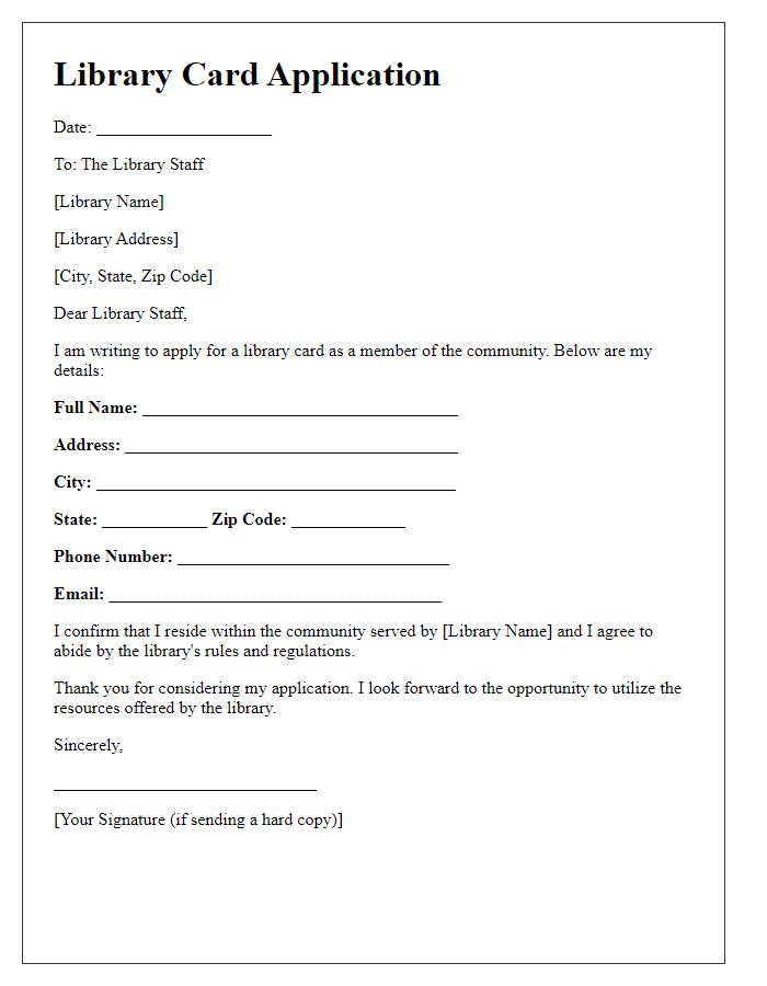 Letter template of library card application for community members