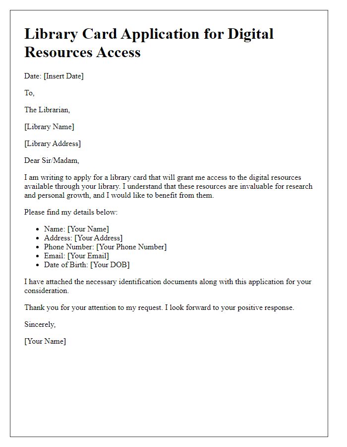 Letter template of library card application for digital resources access