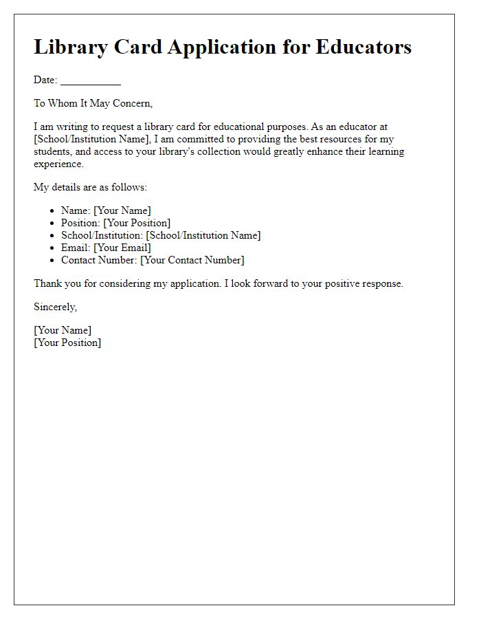 Letter template of library card application for educators