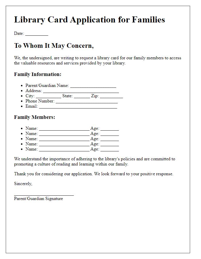 Letter template of library card application for families