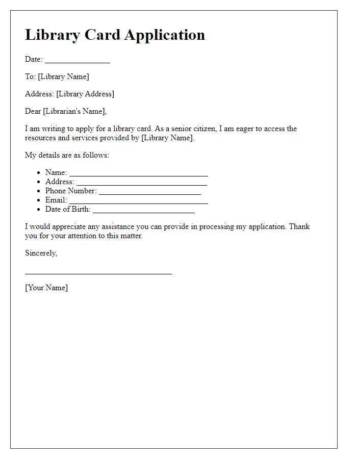 Letter template of library card application for seniors