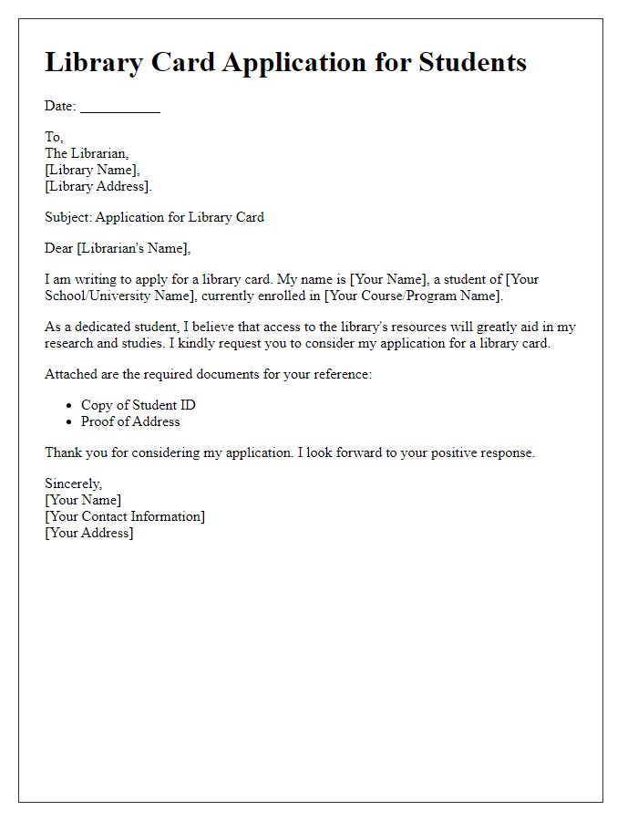 Letter template of library card application for students