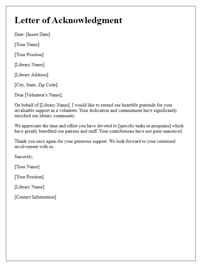 Letter template of acknowledgment for library volunteer support