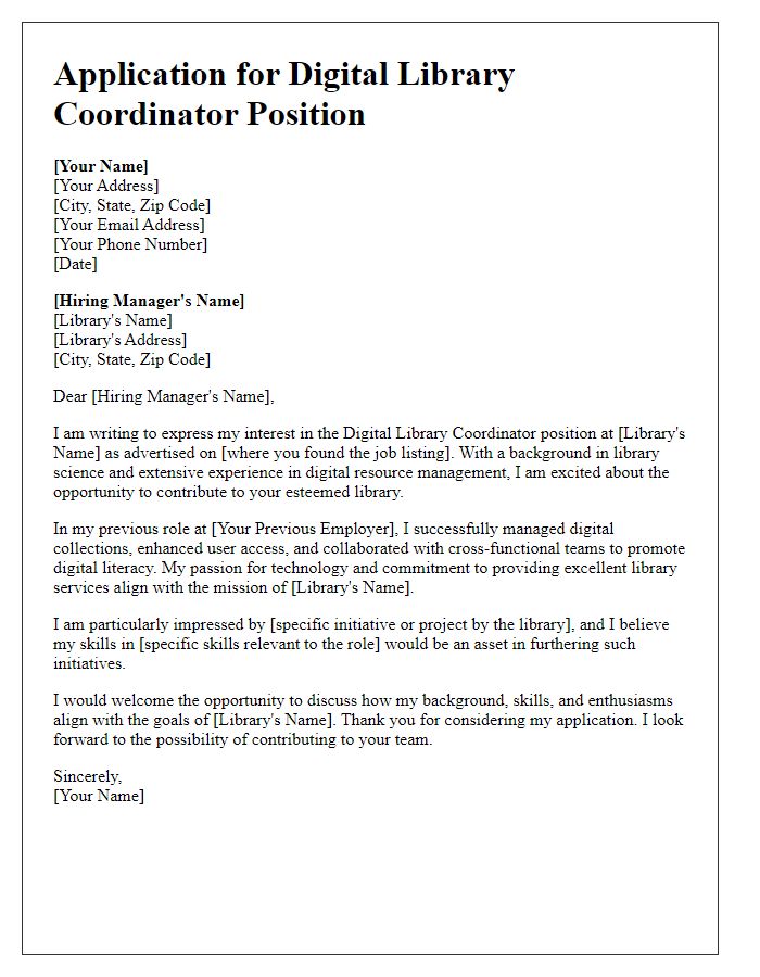 Letter template of application for digital library coordinator role.