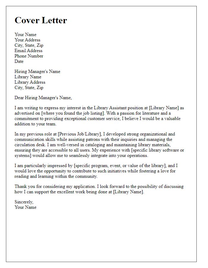 Letter template of cover letter for library assistant role.