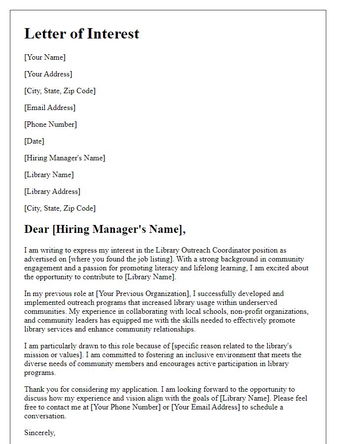 Letter template of expressing interest in library outreach coordinator role.