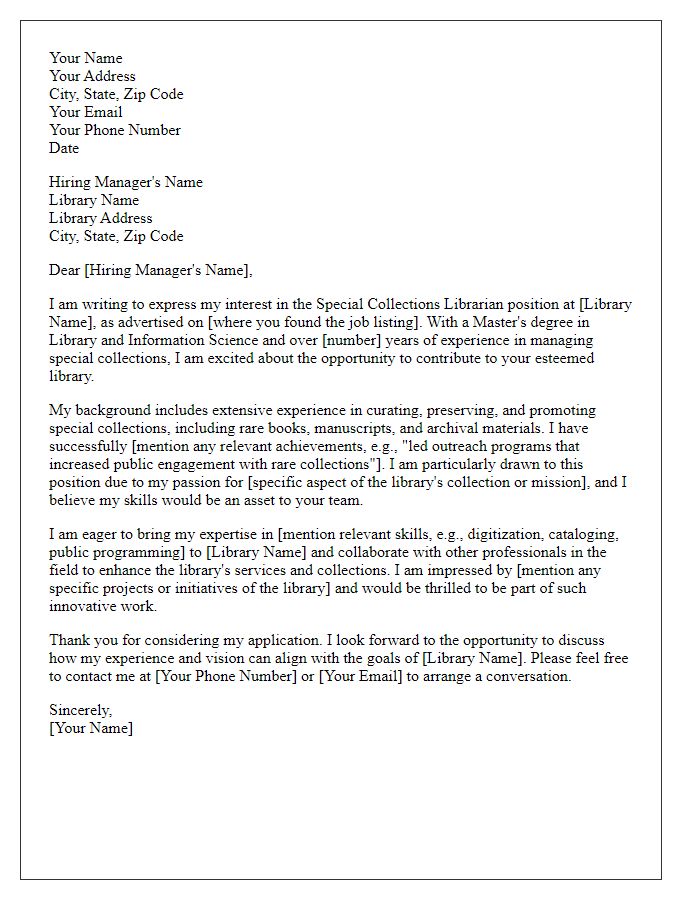 Letter template of expressing interest in a special collections librarian job.