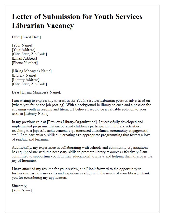 Letter template of submission for youth services librarian vacancy.