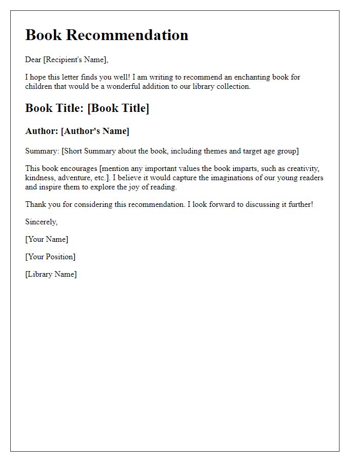 Letter template of children's library book recommendation