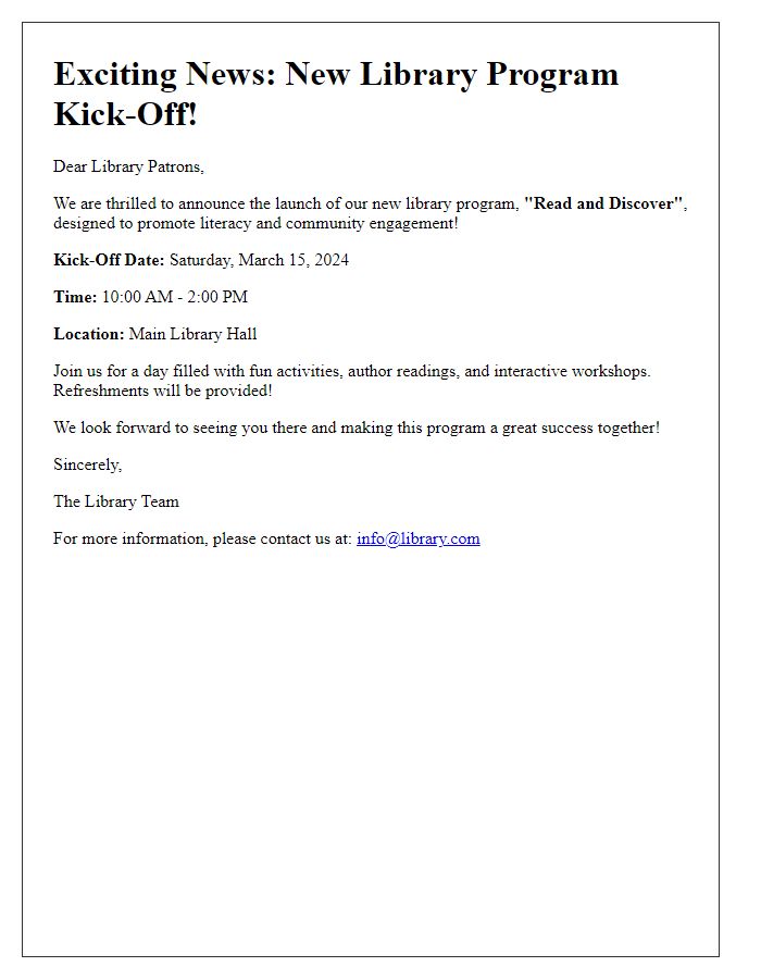 Letter template of announcement for kick-off of new library program