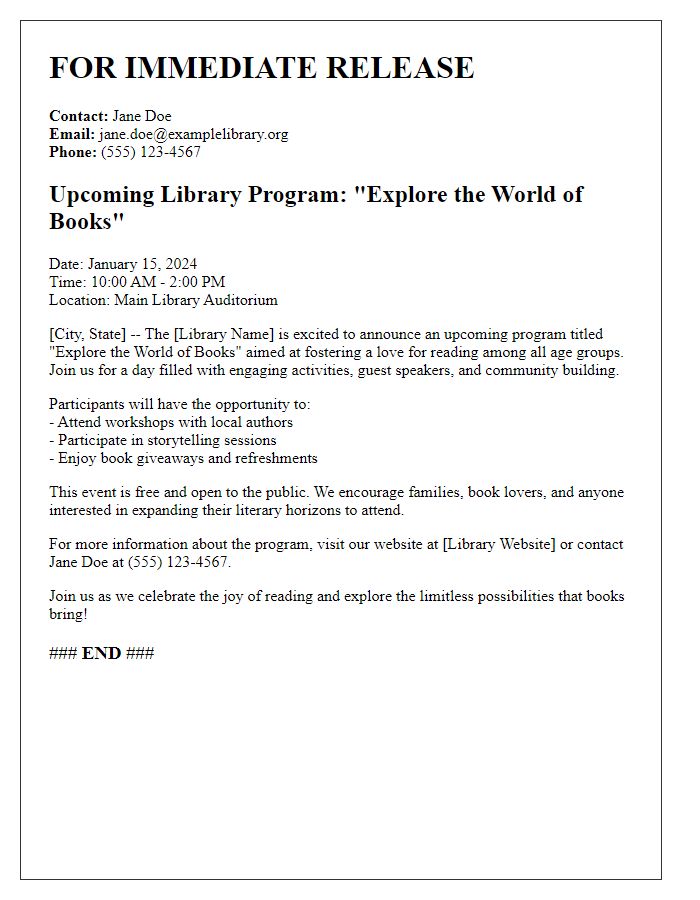 Letter template of press release for upcoming library program