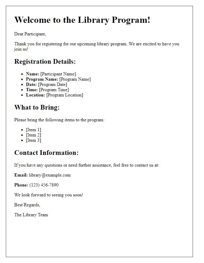 Letter template of registration information for library program participants