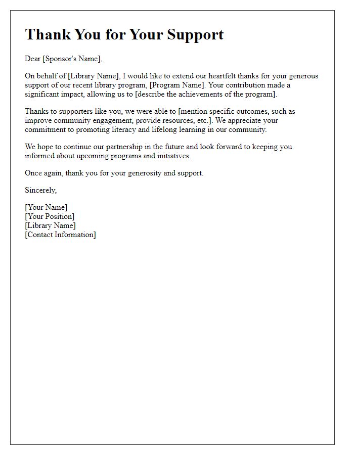 Letter template of thank you to sponsors of library program