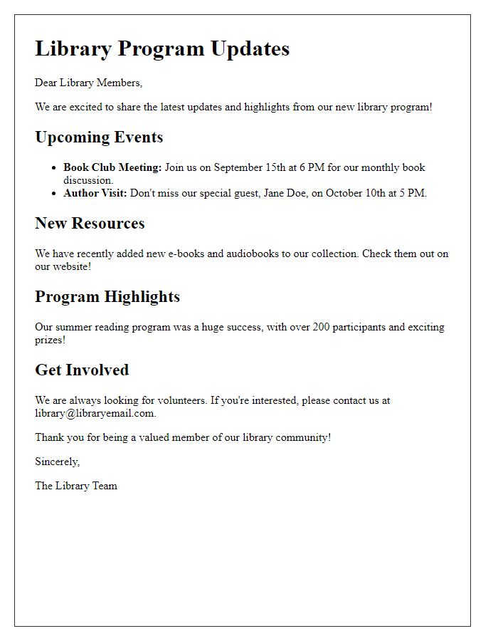 Letter template of updates and highlights from new library program