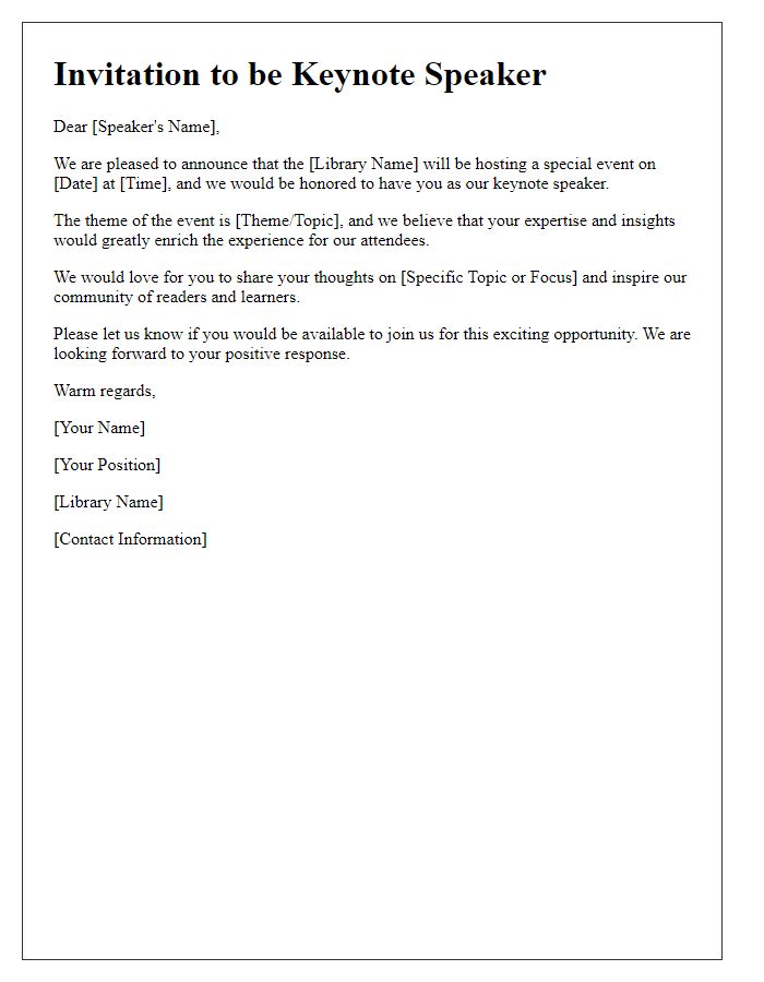 Letter template of announcement for library keynote speaker invitation