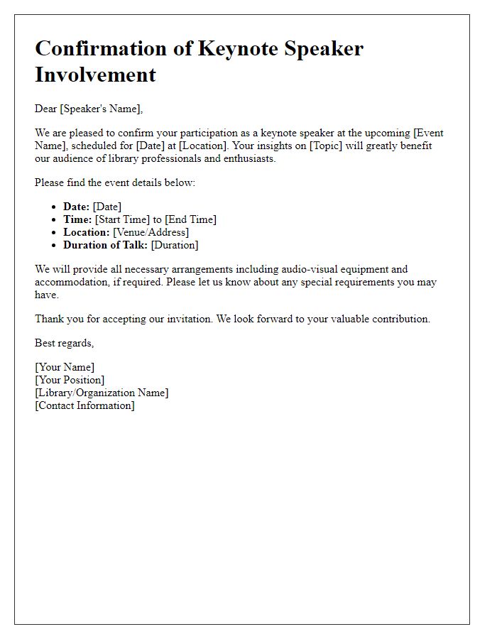 Letter template of confirmation for library keynote speaker involvement