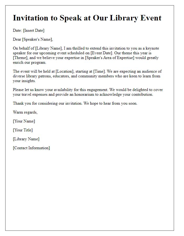 Letter template of invitation for library keynote speaker engagement