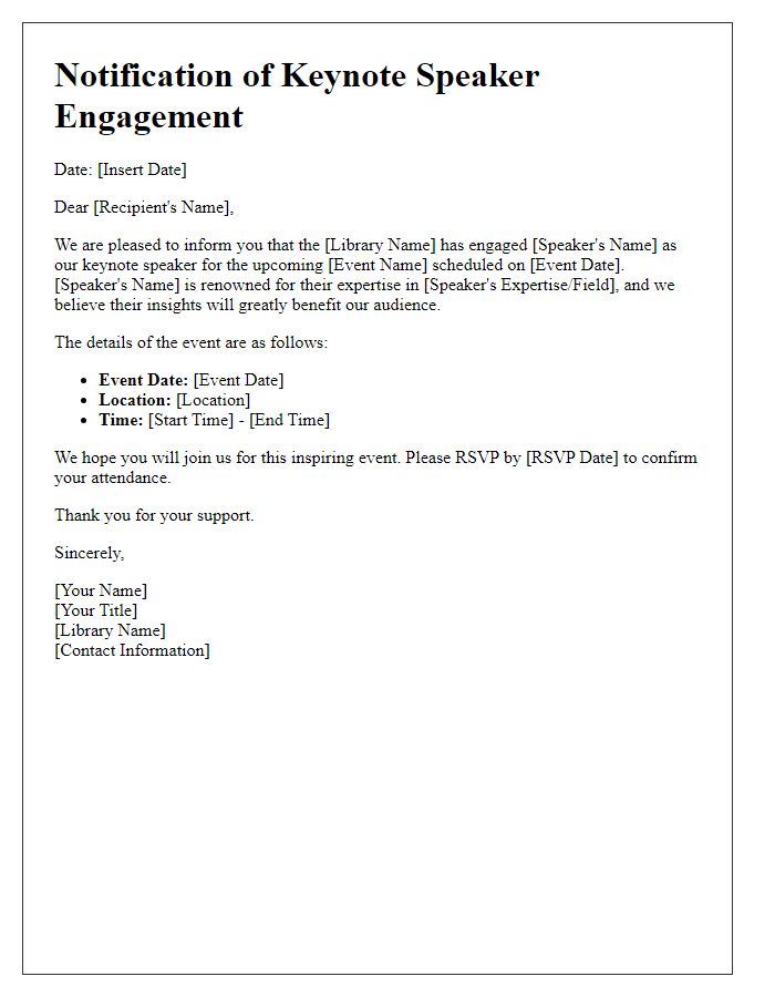 Letter template of notification for library keynote speaker engagement