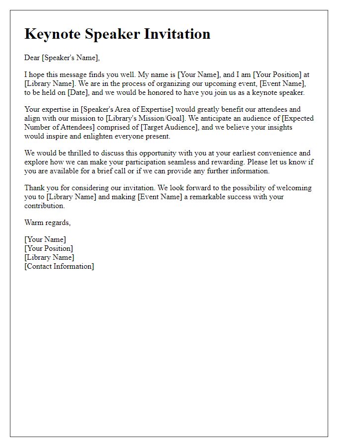 Letter template of outreach for library keynote speaker opportunity