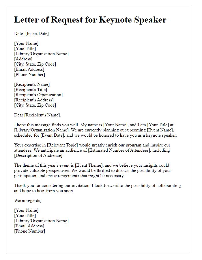 Letter template of request for library keynote speaker participation