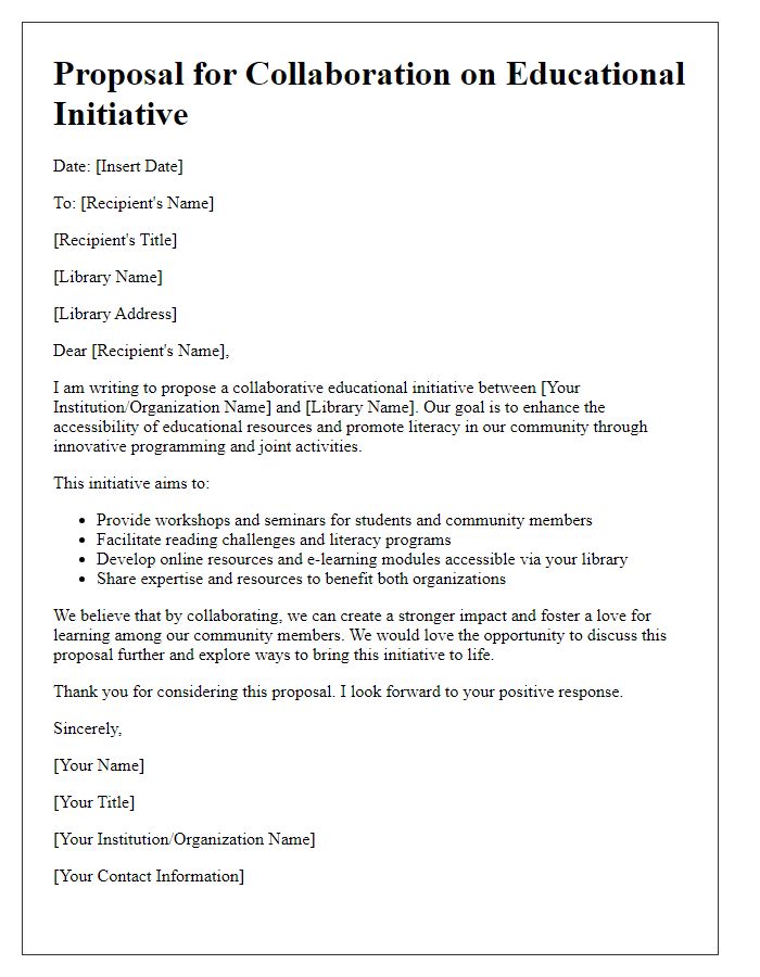 Letter template of educational initiative proposal for library collaboration