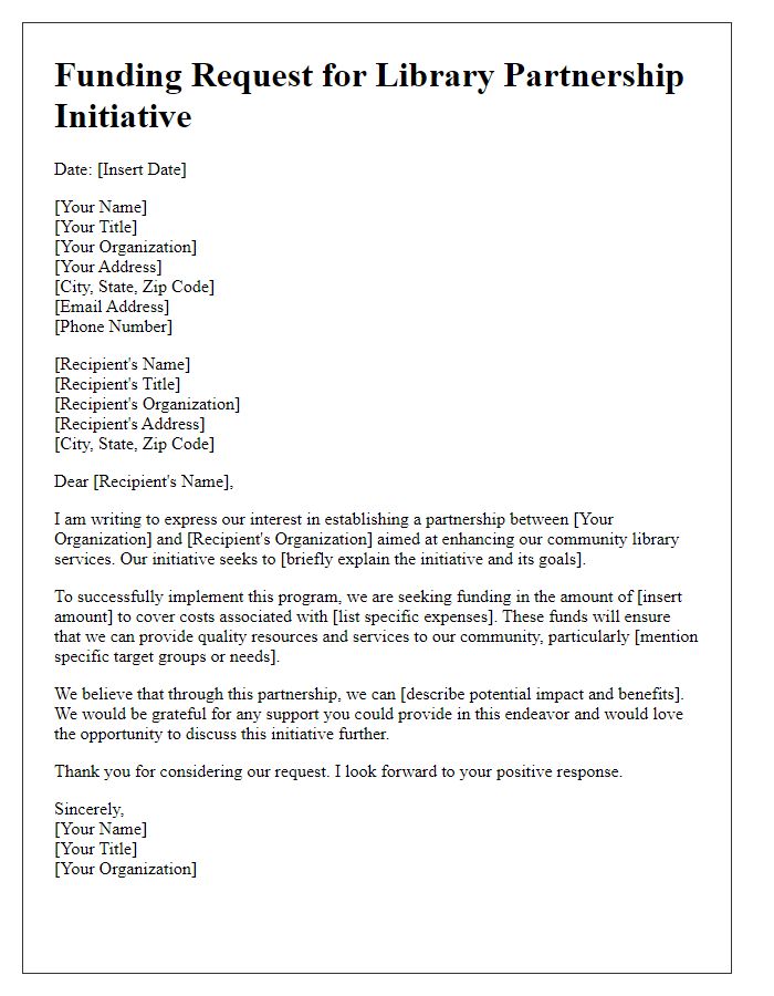 Letter template of funding request for library partnership initiative