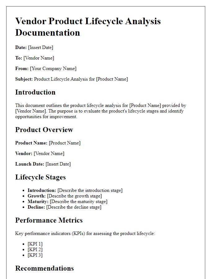 Letter template of vendor product lifecycle analysis documentation