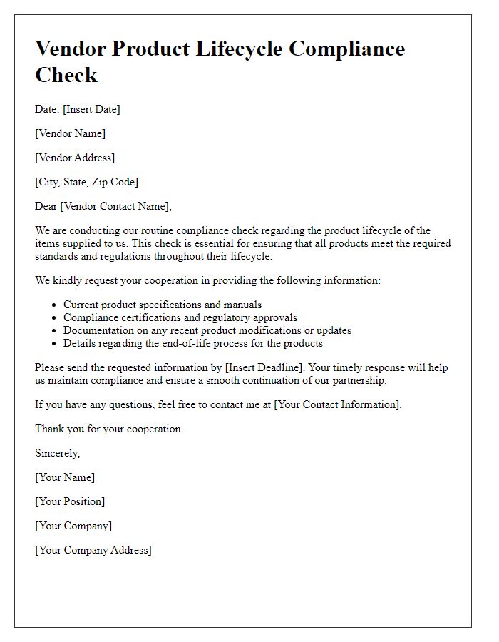 Letter template of vendor product lifecycle compliance check