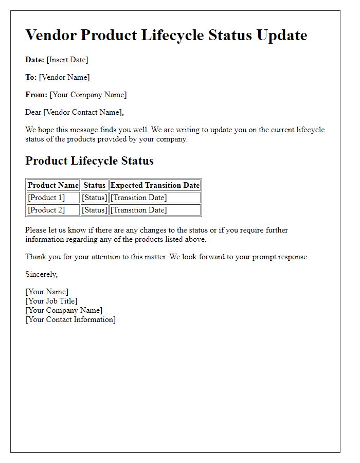 Letter template of vendor product lifecycle status update