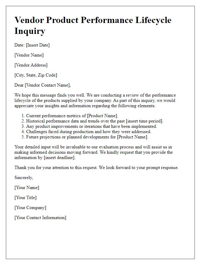 Letter template of vendor product performance lifecycle inquiry