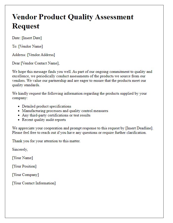 Letter template of vendor product quality assessment request