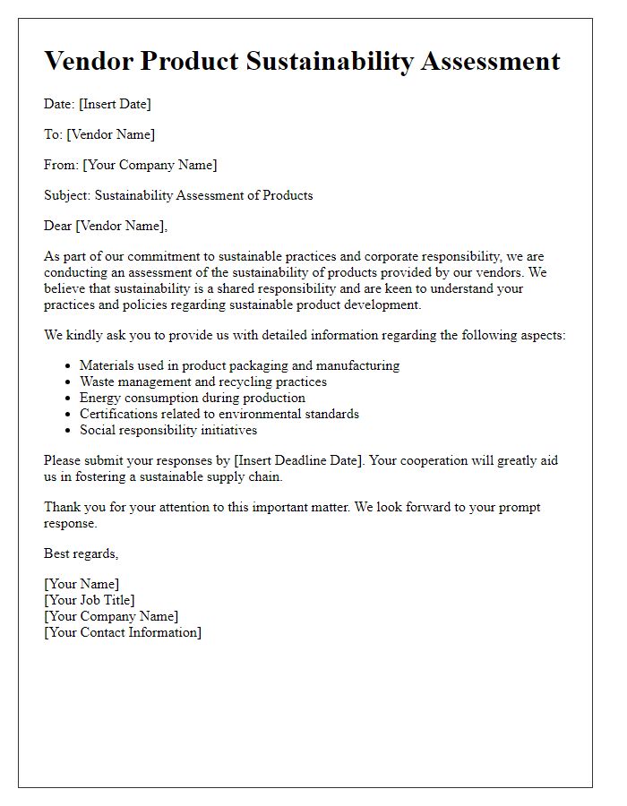 Letter template of vendor product sustainability assessment