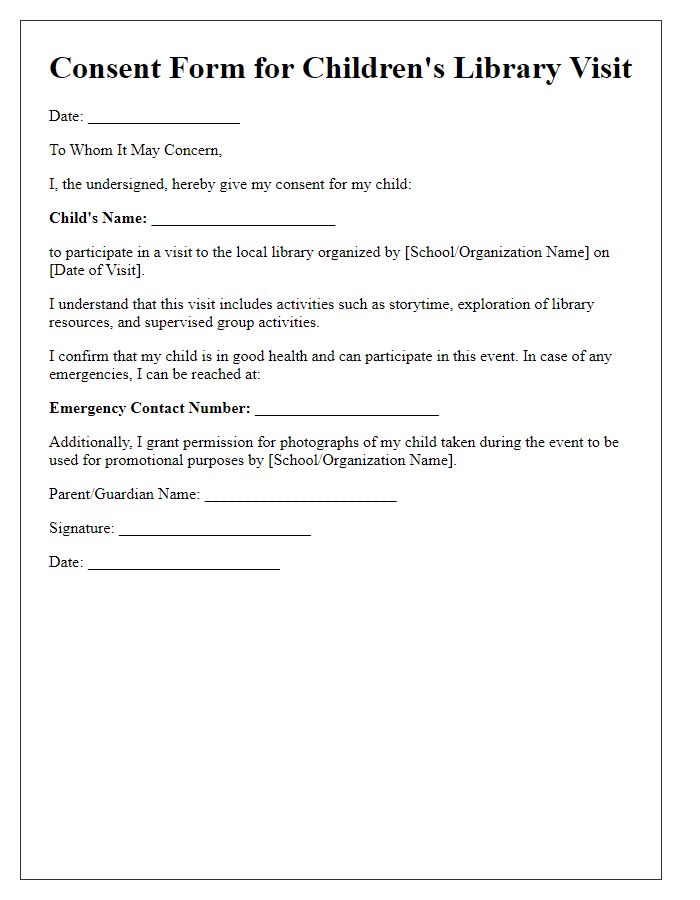 Letter template of consent form for children's library visit