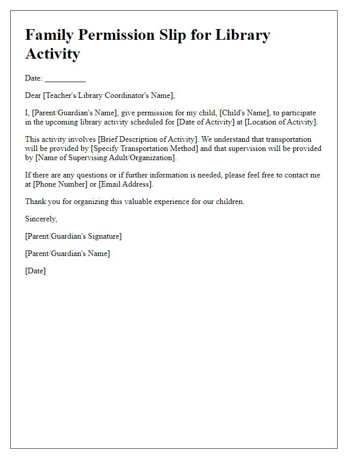 Letter template of family permission slip for library activity